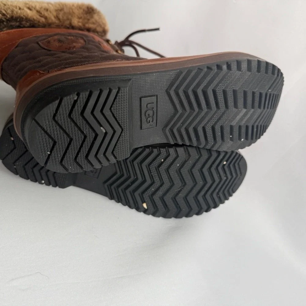 UGG Adirondack Tall Brown Leather Quilted Faux Fur Winter‎ Snow Boots Womens